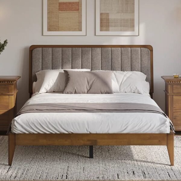 Elegant Beige Upholstered Wingback King Size Platform Bed – Premium Bedroom Furniture Pakistan