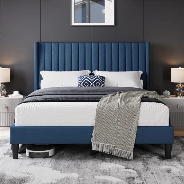 Modern Charcoal Grey Upholstered King Bed – Angled Channel Headboard Furniture Pakistan