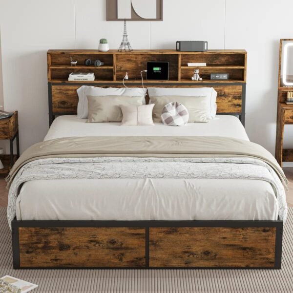 Industrial Chic Platform Bed with Storage & Charging – Smart Urban Bedroom Furniture Pakistan
