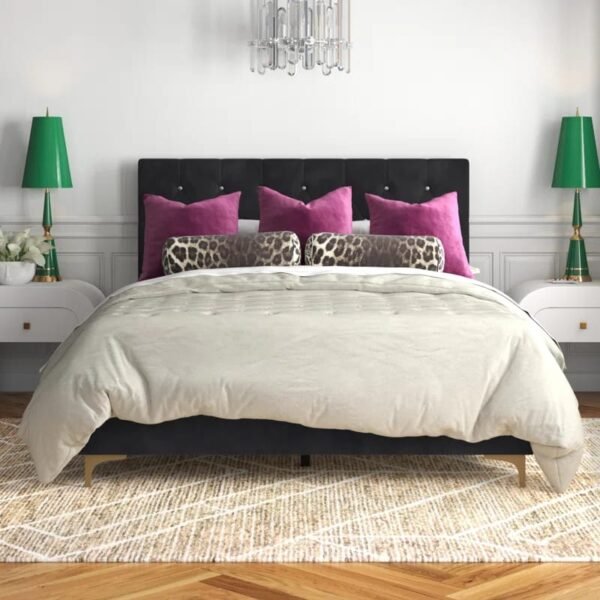 Modern Black Metal Frame Bed with Tufted Headboard – Queen Size
