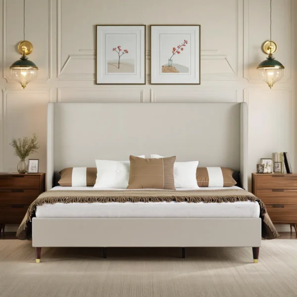 Belo Upholstered Platform Bed – Wingback Headboard, Linen Fabric, No Box Spring Required