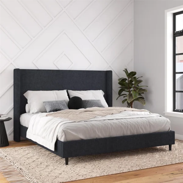 Birzer King Upholstered Wingback Bed – 54" Tall Headboard, Corduroy Fabric, No Box Spring