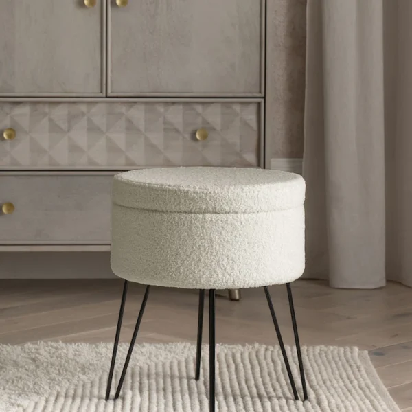 OHS Bouclé Storage Hairpin Stool – Cream | Chic Ottoman with Hidden Storage