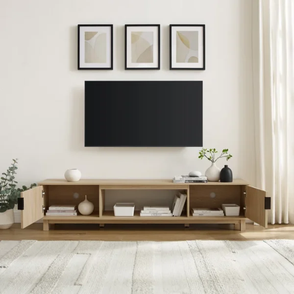 Farmann Reeded 2-Door TV Stand – 70” Wide, Mid-Century Modern, Scandinavian Design, Cable Management
