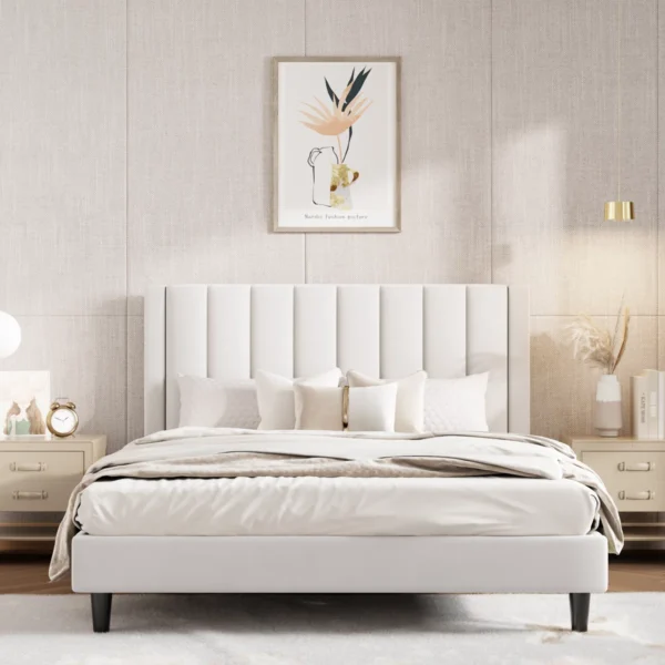 Stauton Velvet Upholstered Platform Bed – Vertical Striped Headboard, Minimalist Design, No Box Spring