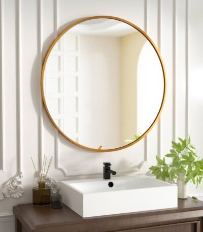 Round Mirror Mounted on Bathroom Wall