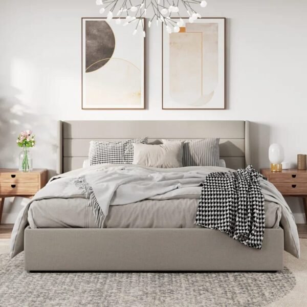 Modern White Wood Platform Bed with Geometric Headboard – Queen Size Bed Pakistan