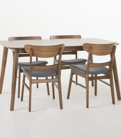 “PakUnique 5-Piece Dining Set – Walnut Table with Gray Chairs in Pakistan”