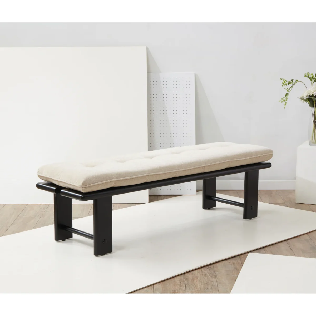 Upholstered 60-inch bench with neutral fabric