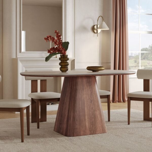 Oval wood dining table with pedestal base