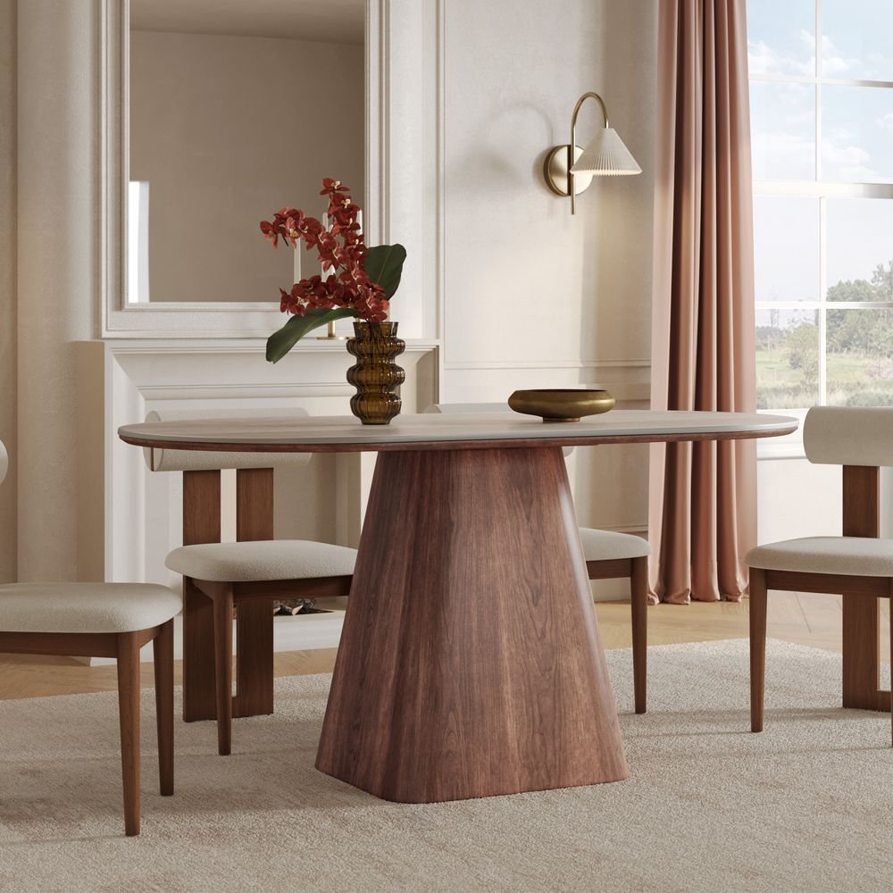 Oval wood dining table with pedestal base