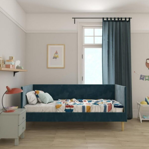 “Mid-Century Twin Daybed in Blue Fabric for Modern Pakistani Homes”