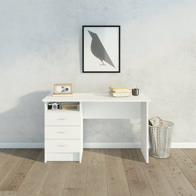 White 3-drawer office desk with open shelf – front view