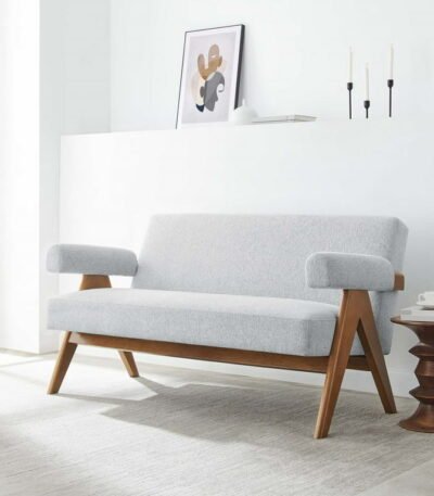 Light grey loveseat sofa with wooden frame – front view