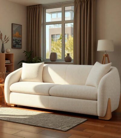 Noor Luxe Cream Bouclé Bench placed in a modern Pakistani bedroom