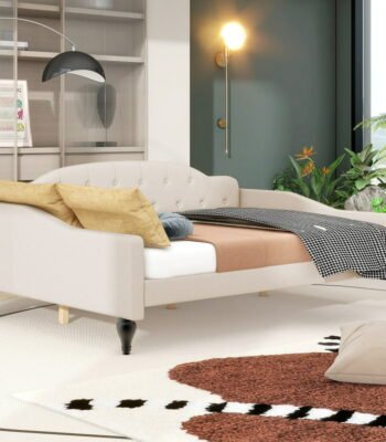 Full-size upholstered sofa daybed – beige tufted cushions