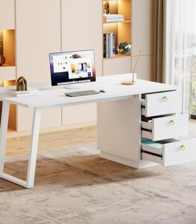 Modern white computer desk with drawers – front view